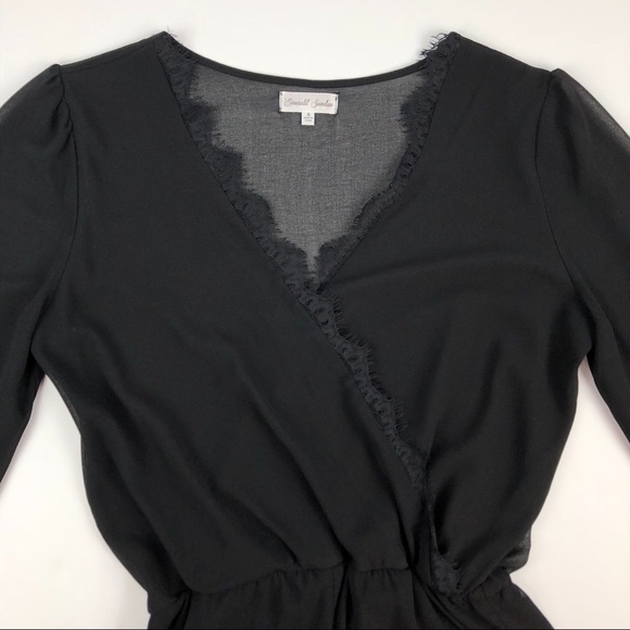 Emerald Sundae Black Lace Trim Long Sleeve Romper - Picture 3 of 7